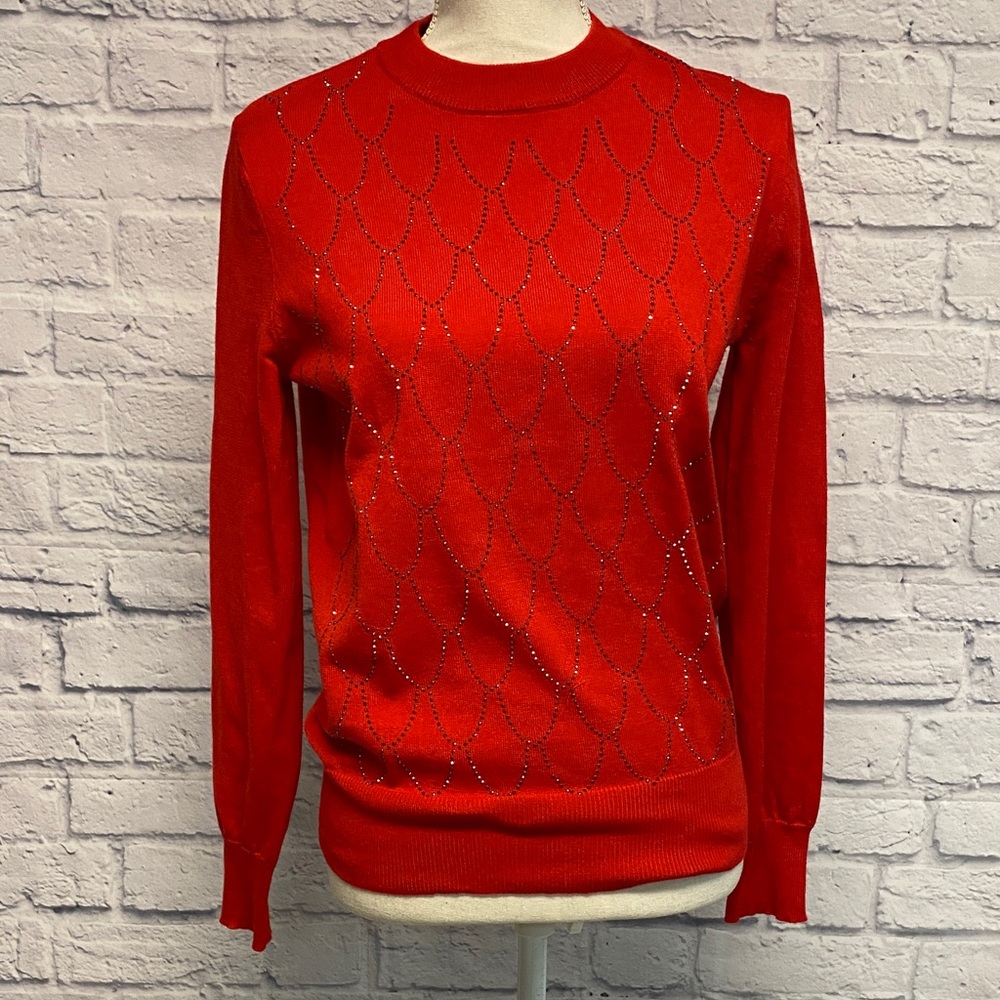 Nanette Lepore Vibrant Red and Rhinestone Crew Neck Sweater Size Medium